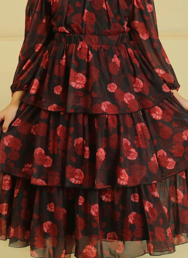 Luxe & Hardy فستان ماكسي مطبوع عليه زهور للبنات بأكمام منفوخة وطبقات، ضيق من الأعلى وواسع من الأسفل